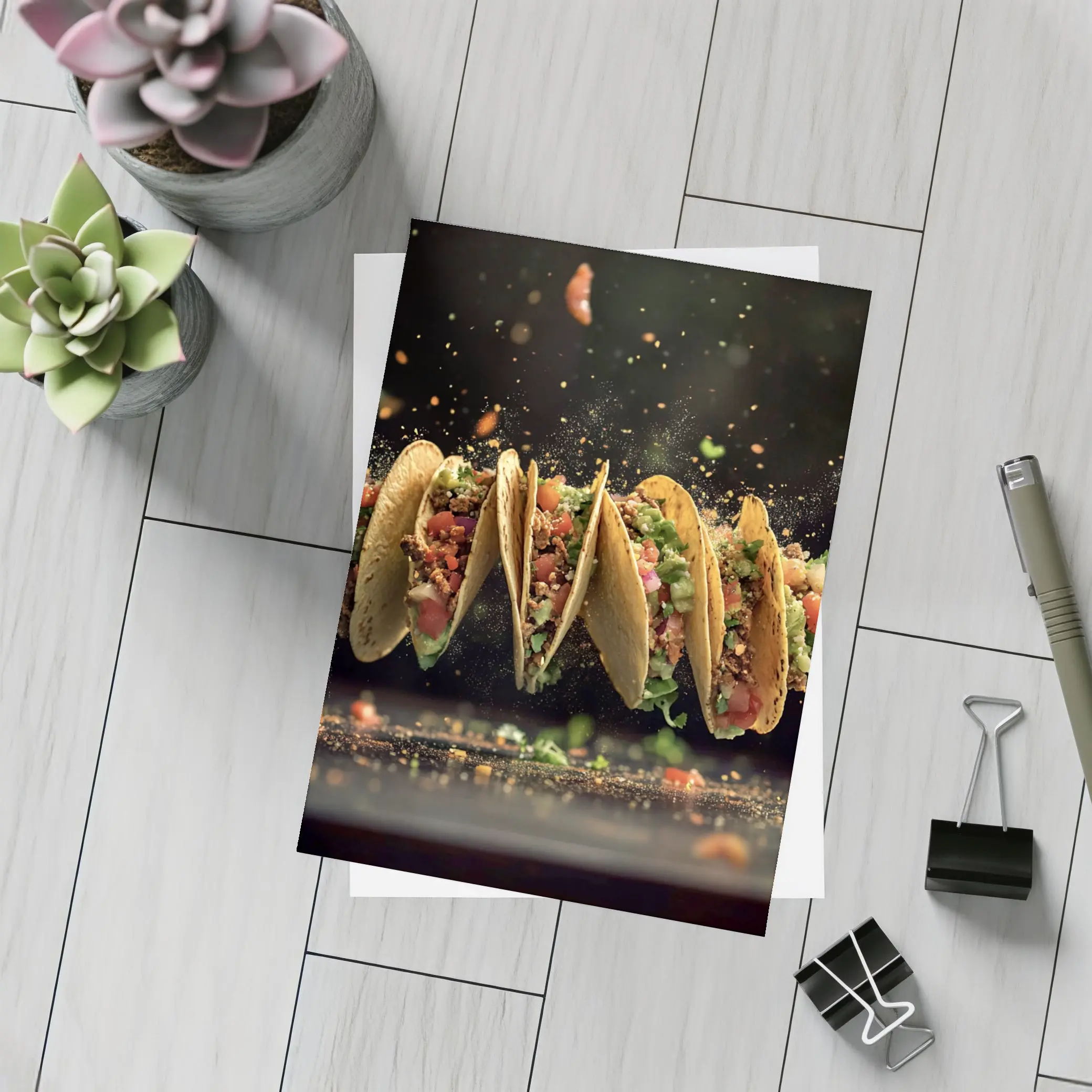 Flying Tacos Dark Background Food Art – Postcards