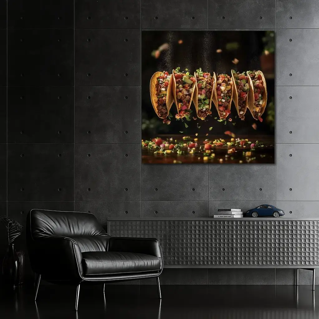 Ground Beef Tacos Flying Over Dark Table – Wall Art