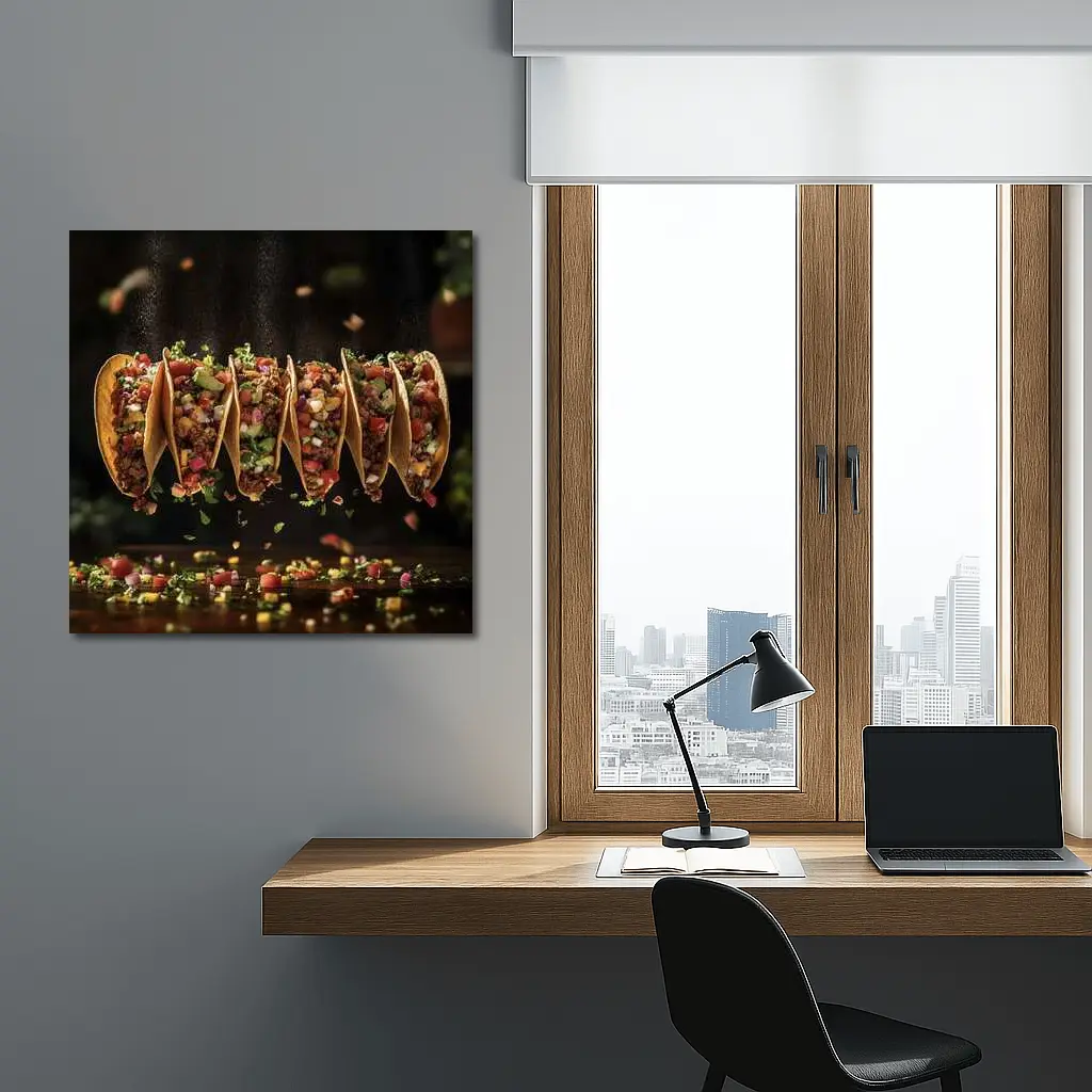 Ground Beef Tacos Flying Over Dark Table – Wall Art