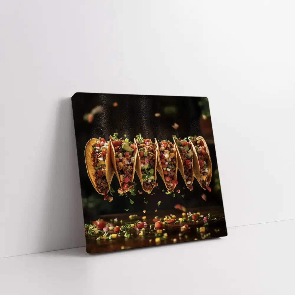Ground Beef Tacos Flying Over Dark Table – Wall Art