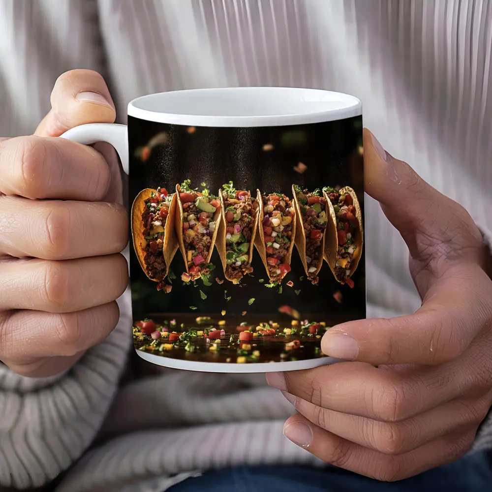 Ground Beef Tacos Flying Over Dark Table – Mugs