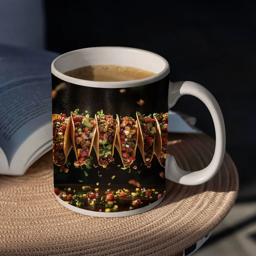 Ground Beef Tacos Flying Over Dark Table – Mugs
