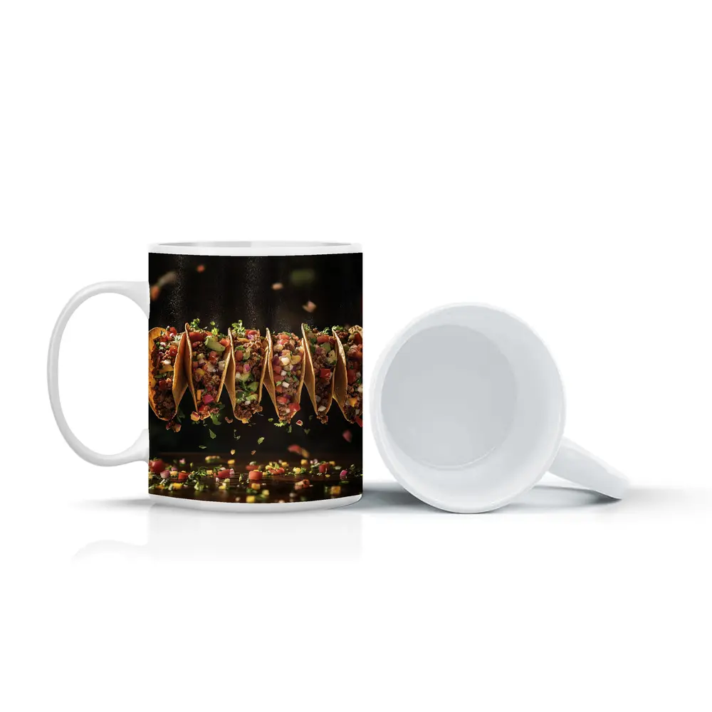 Ground Beef Tacos Flying Over Dark Table – Mugs