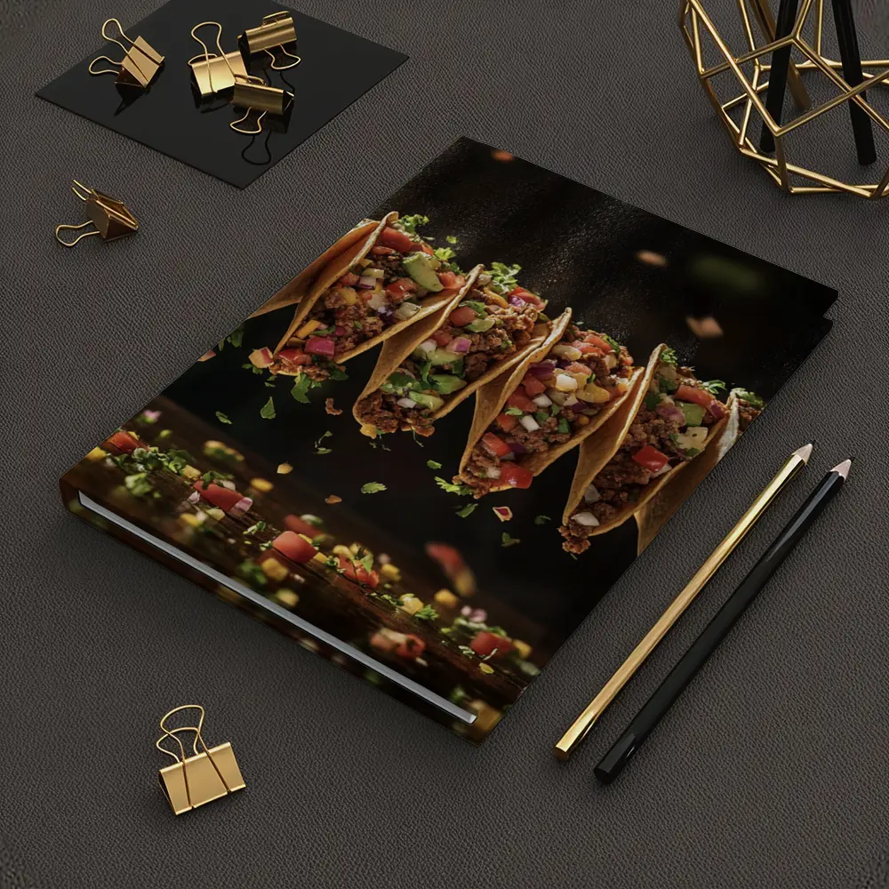 Ground Beef Tacos Flying Over Dark Table – Notebooks
