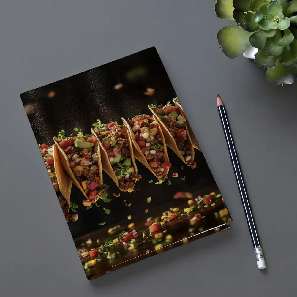 Ground Beef Tacos Flying Over Dark Table – Notebooks