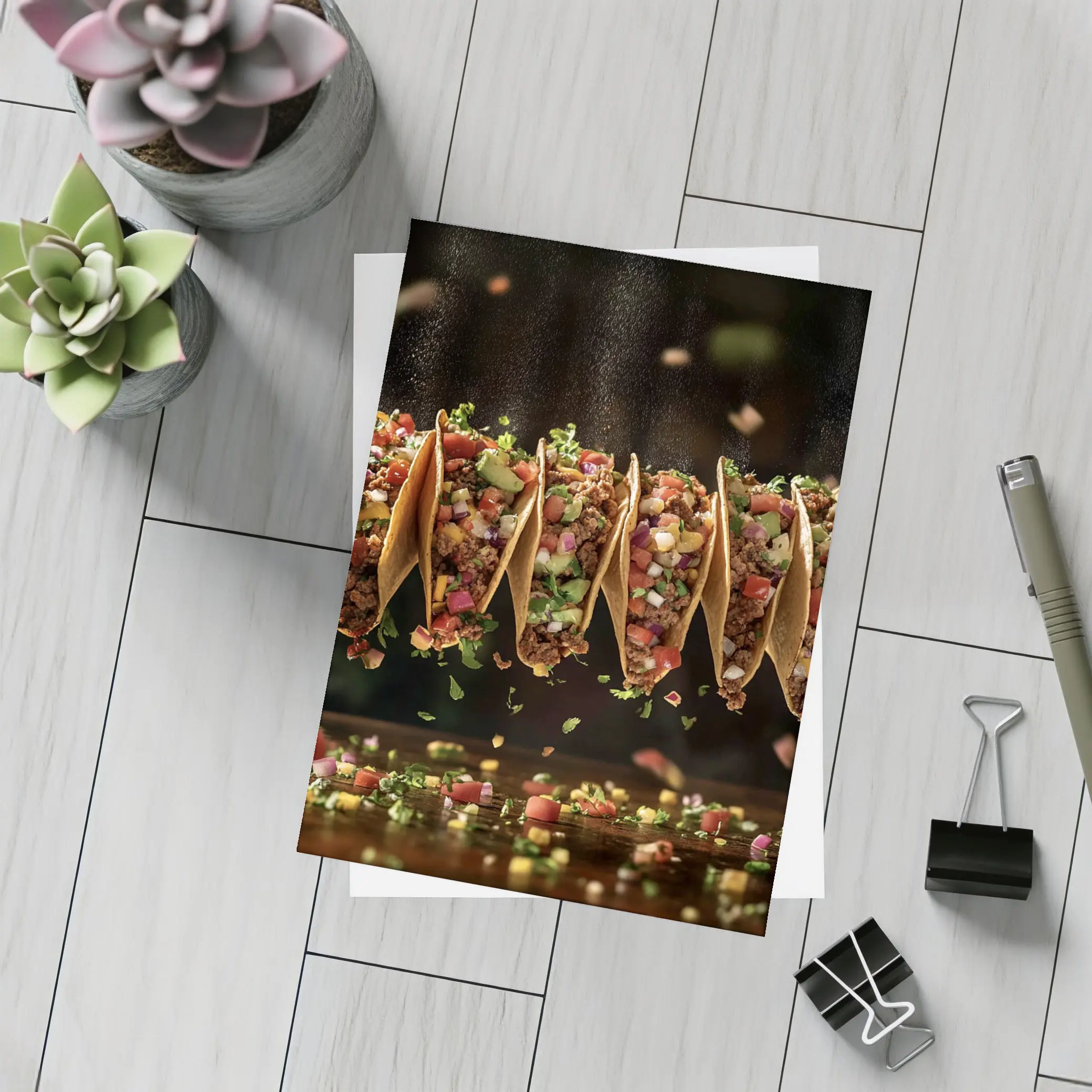 Ground Beef Tacos Flying Over Dark Table – Postcards