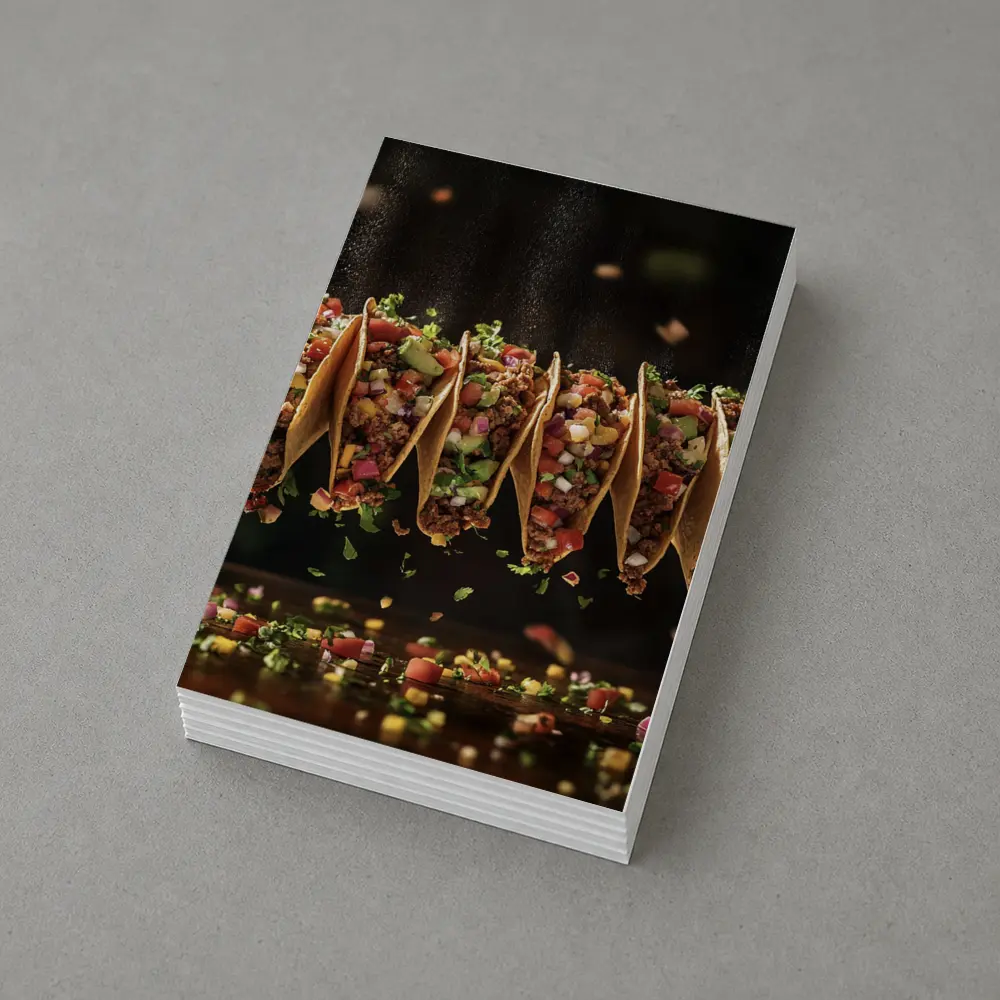 Ground Beef Tacos Flying Over Dark Table – Postcards