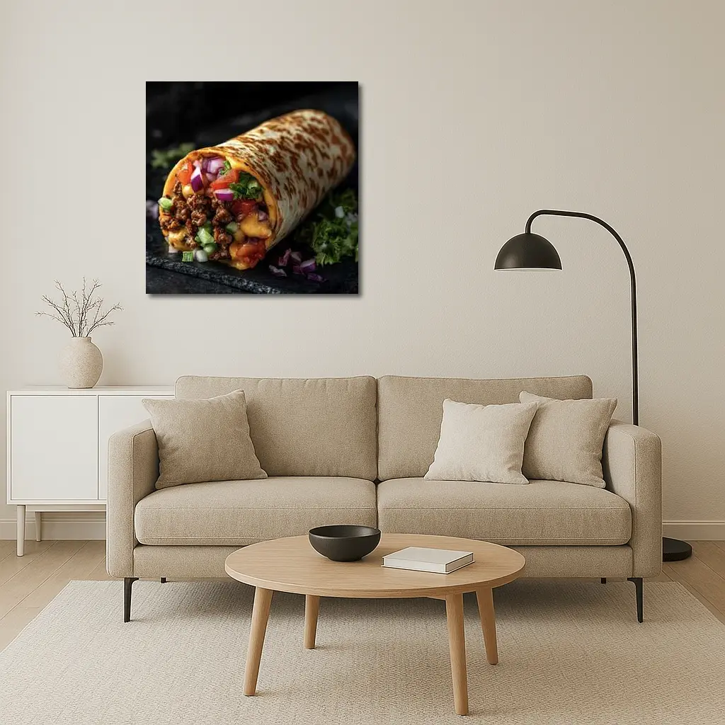 Loaded Beef Burrito Melted Cheese Dark Background – Wall Art