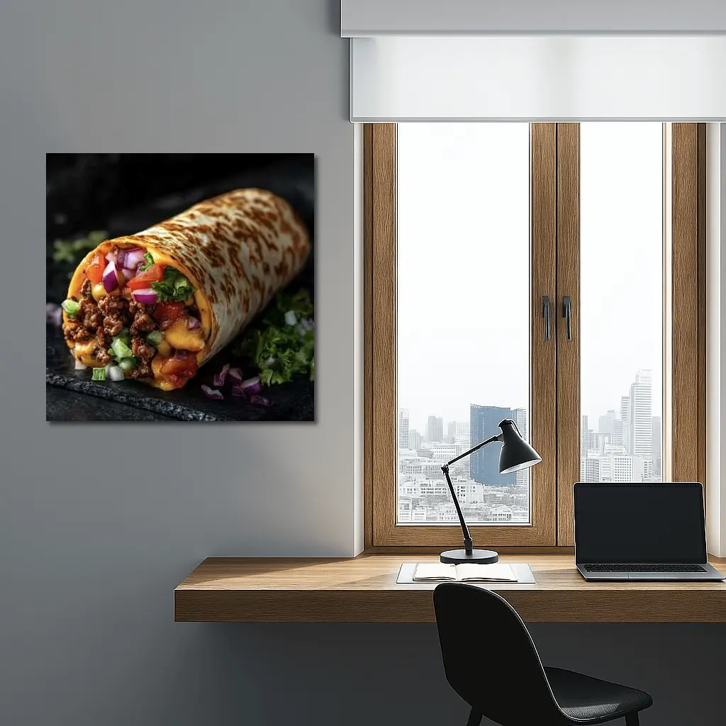 Loaded Beef Burrito Melted Cheese Dark Background – Wall Art