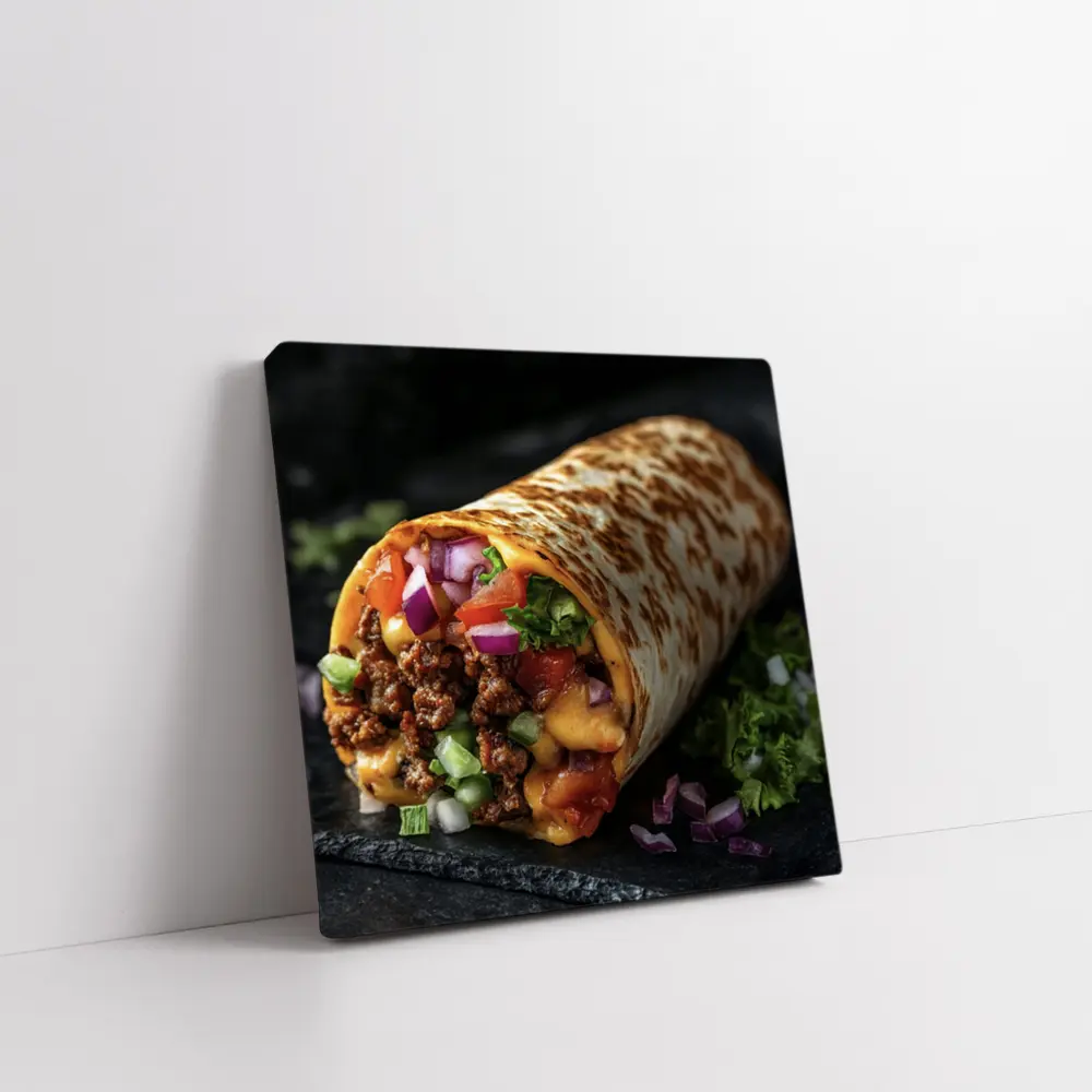 Loaded Beef Burrito Melted Cheese Dark Background – Wall Art