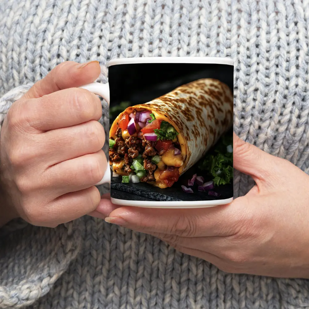 Loaded Beef Burrito Melted Cheese Dark Background – Mugs