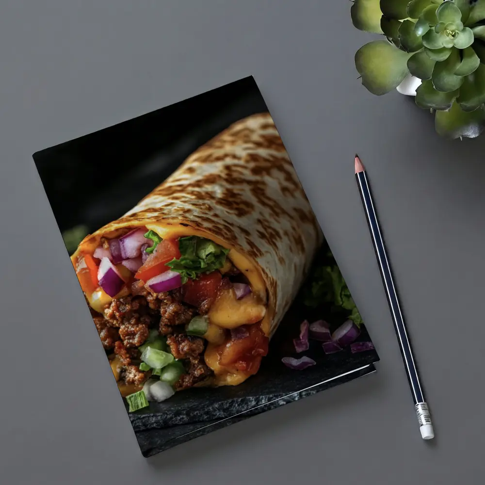 Loaded Beef Burrito Melted Cheese Dark Background – Notebooks