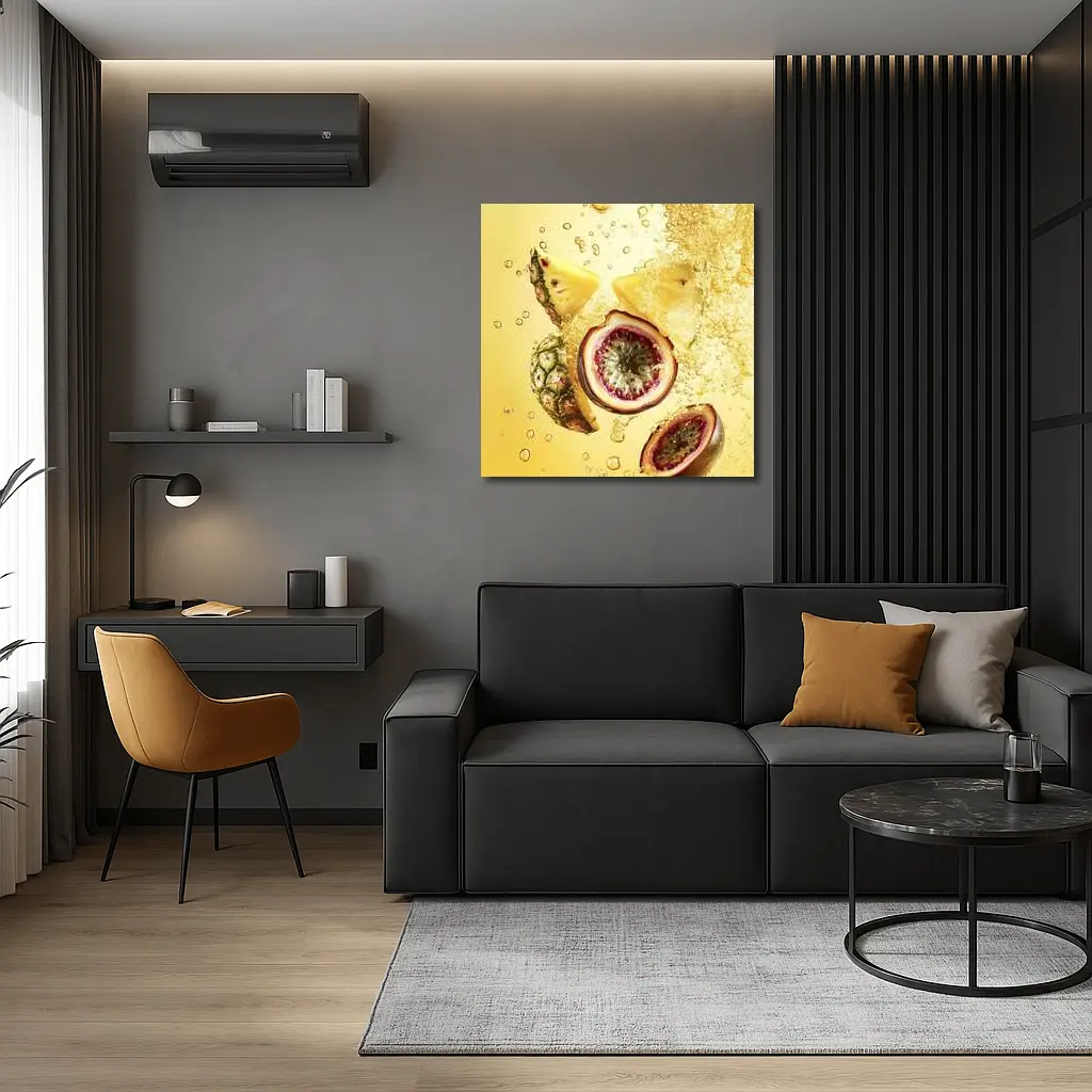 Pineapple Passion Fruit Splash Yellow Background – Wall Art