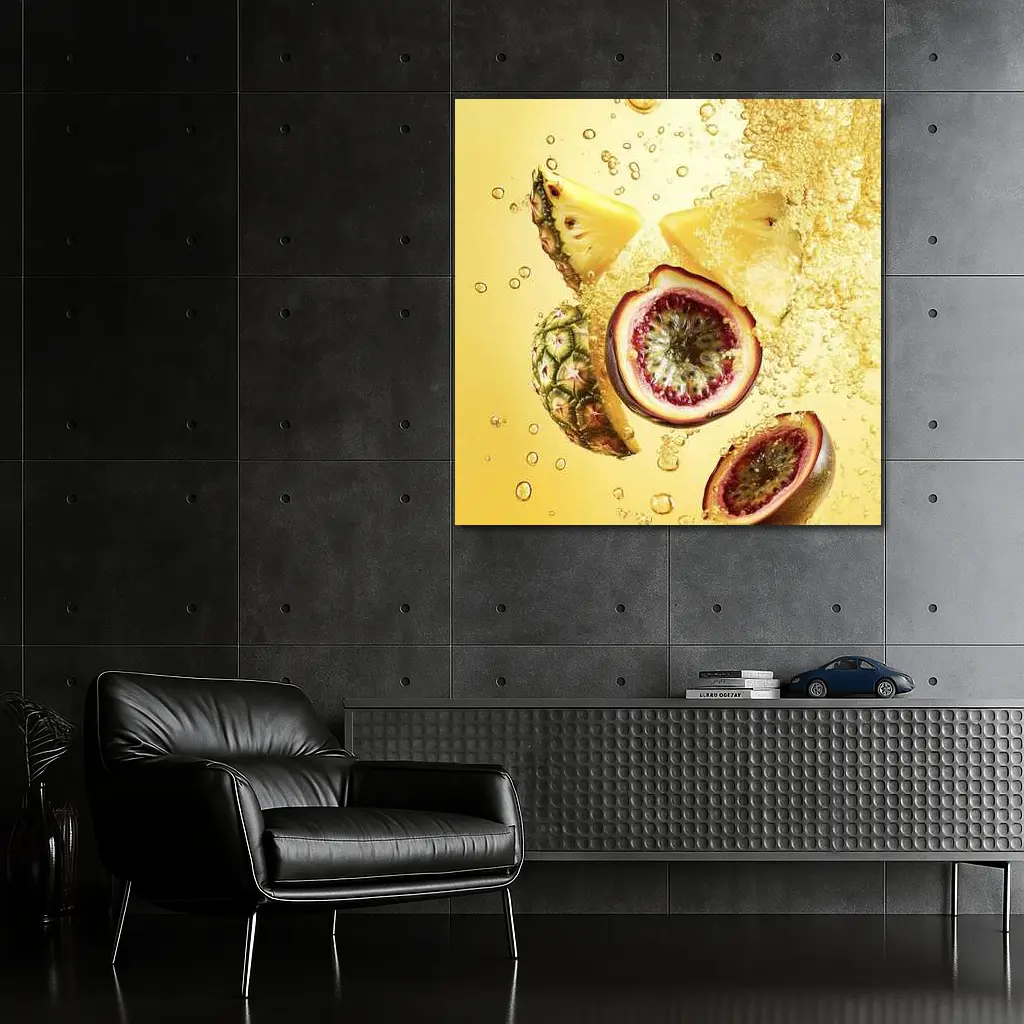 Pineapple Passion Fruit Splash Yellow Background – Wall Art