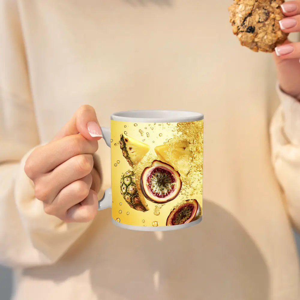 Pineapple Passion Fruit Splash Yellow Background – Mugs