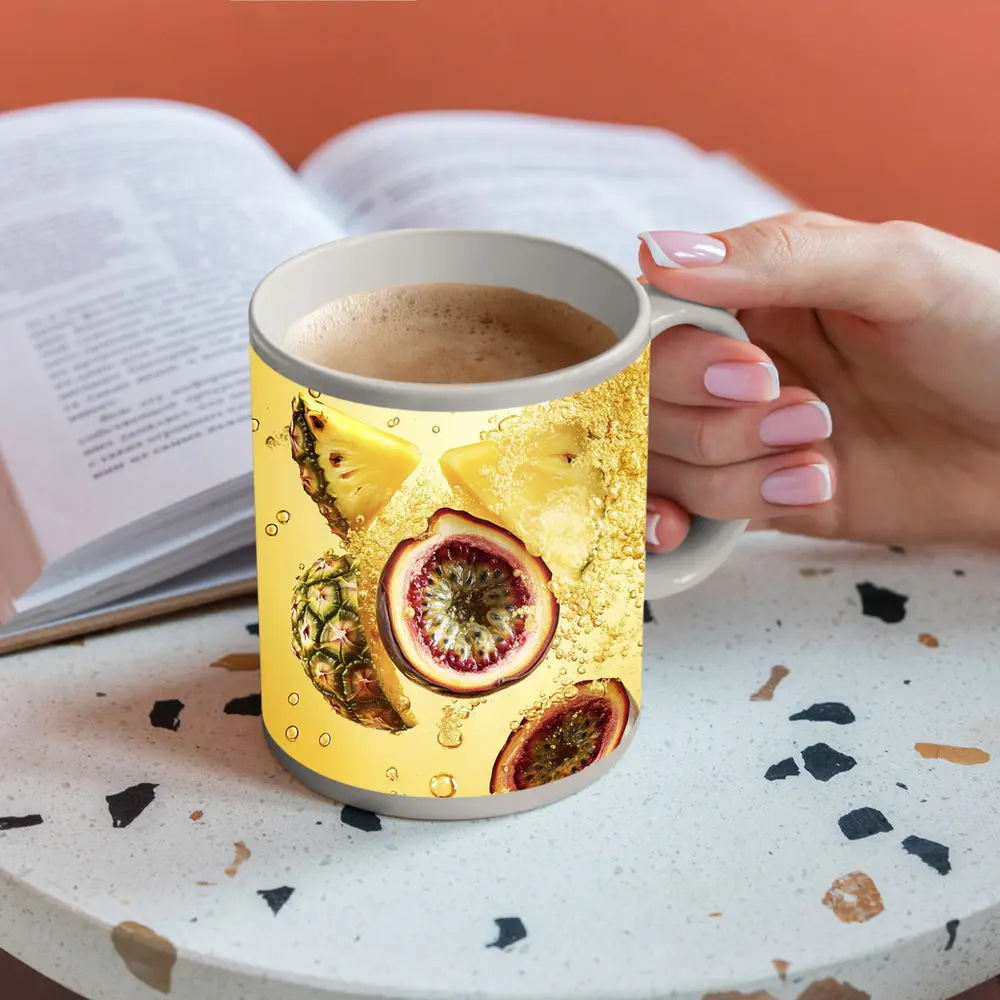 Pineapple Passion Fruit Splash Yellow Background – Mugs
