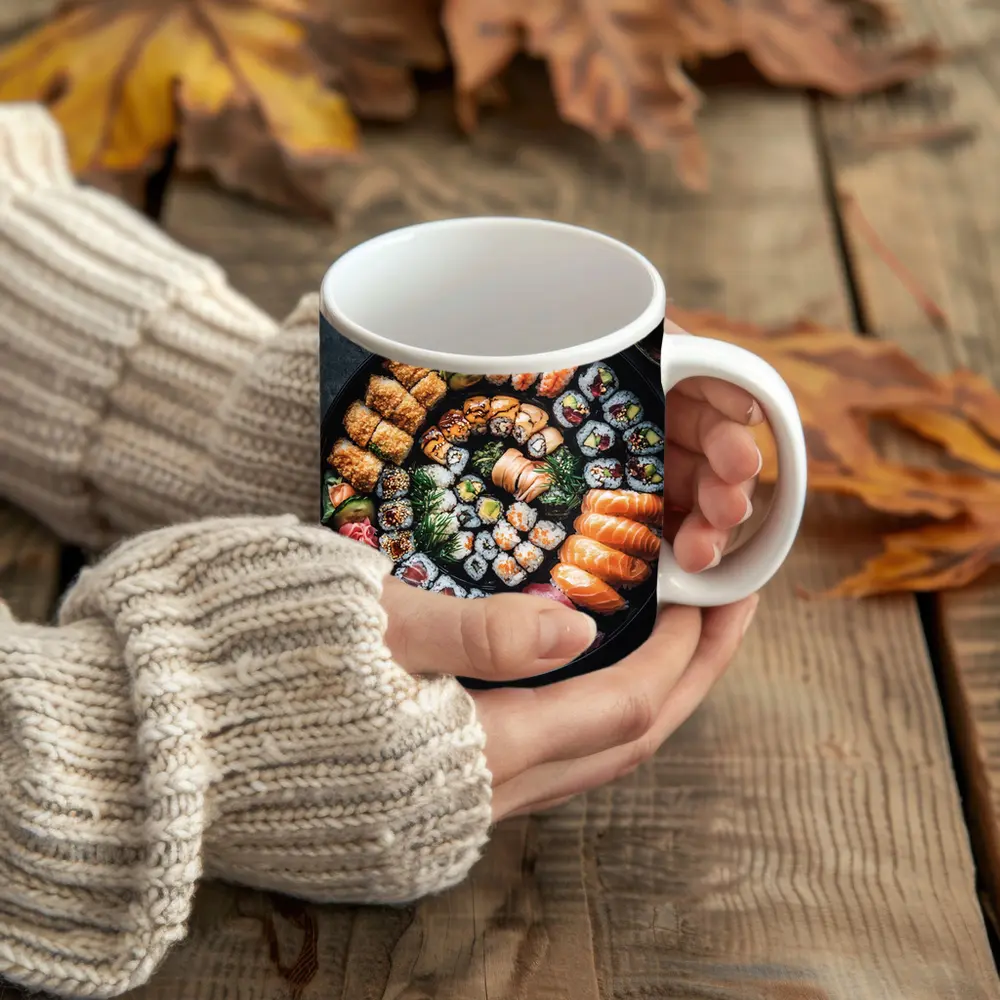 Sushi Platter Spread on Dark Background – Mugs