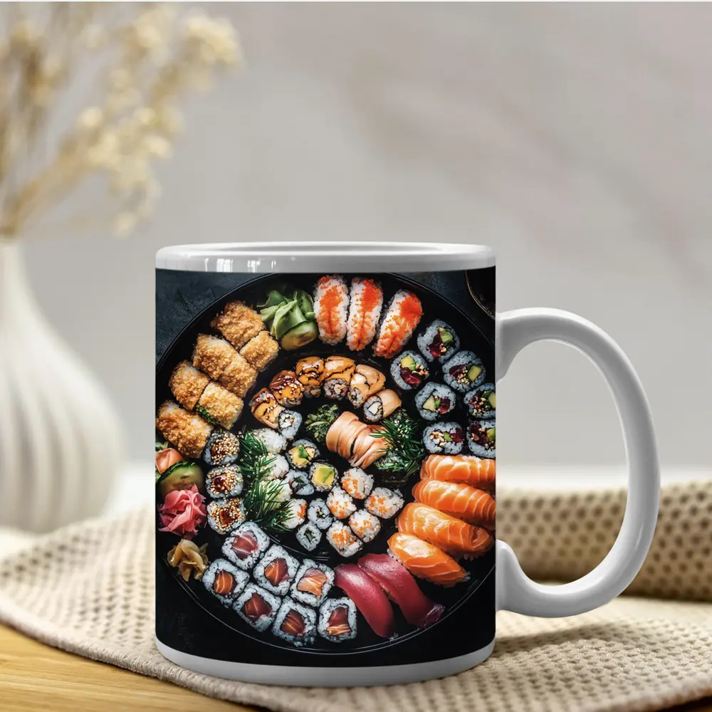 Sushi Platter Spread on Dark Background – Mugs