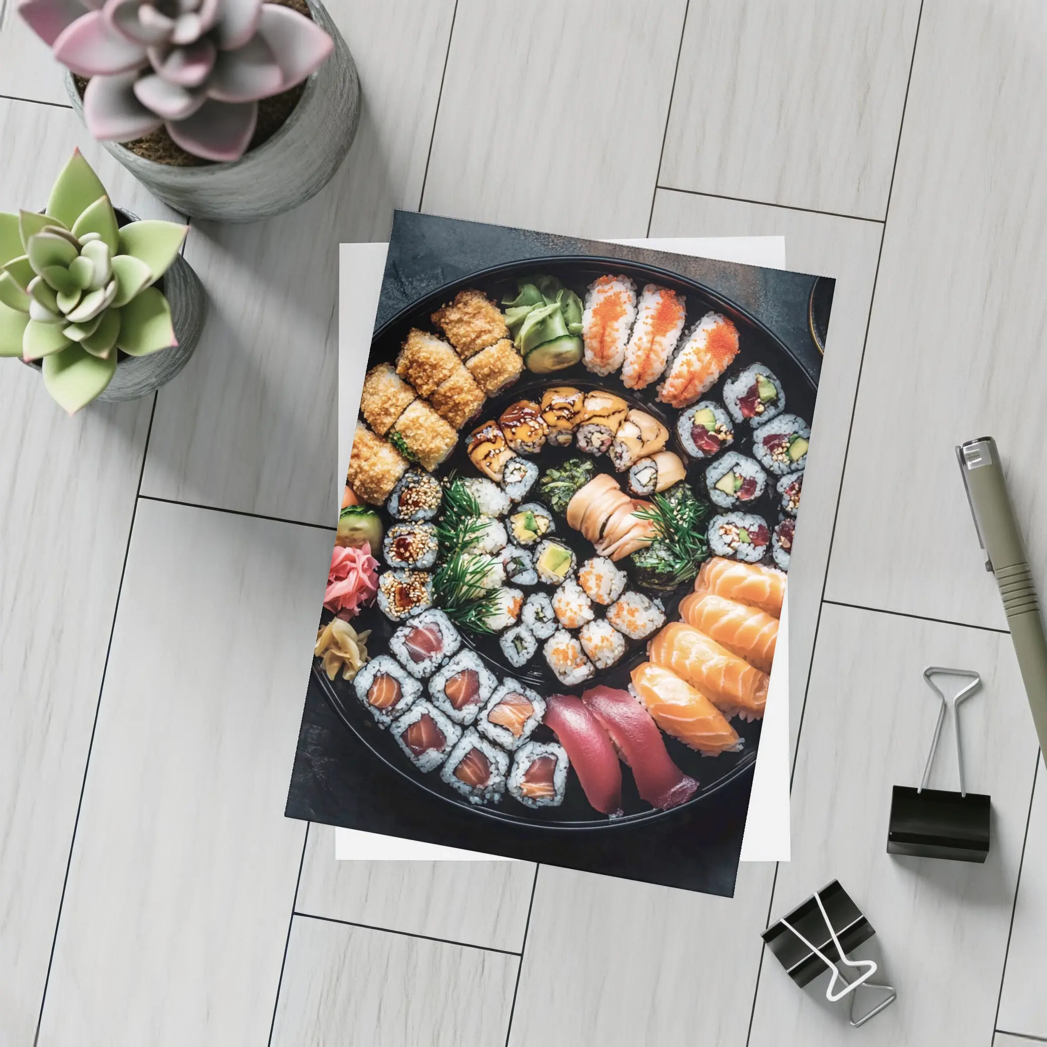 Sushi Platter Spread on Dark Background – Postcards