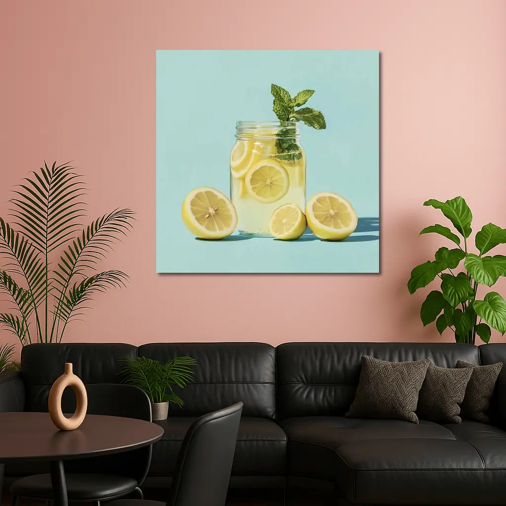Lemon Mint Mason Jar Drink Blue Background – Wall Art