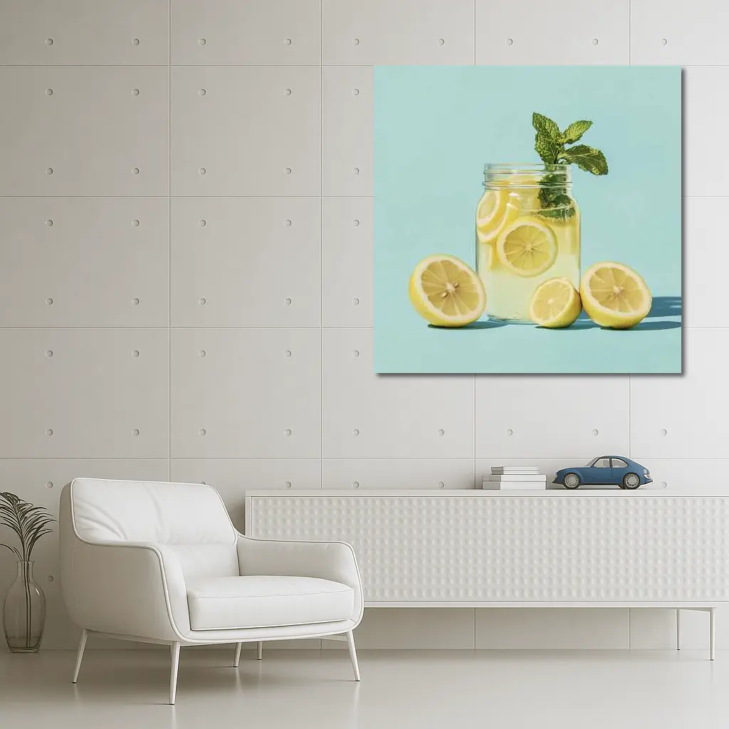 Lemon Mint Mason Jar Drink Blue Background – Wall Art