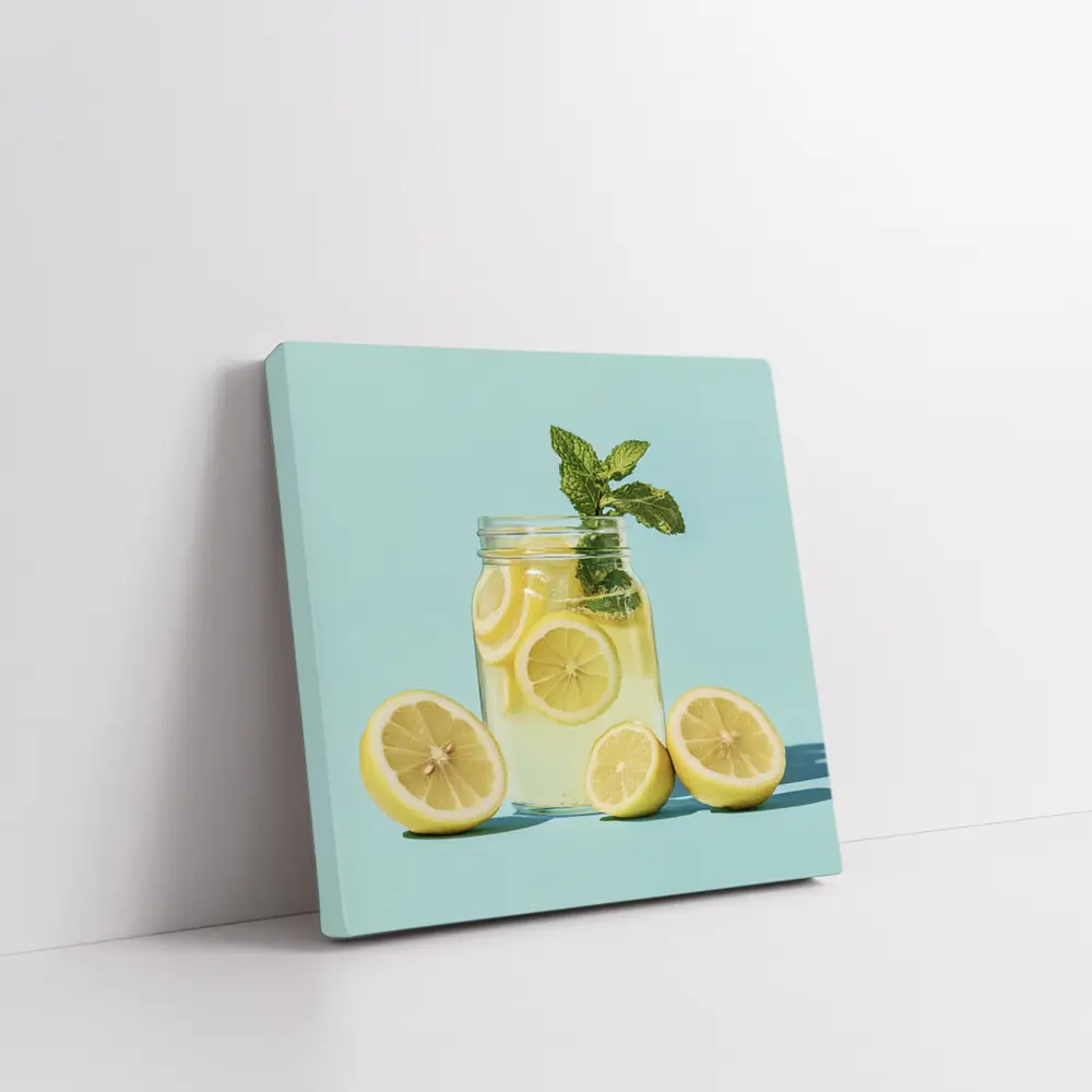 Lemon Mint Mason Jar Drink Blue Background – Wall Art