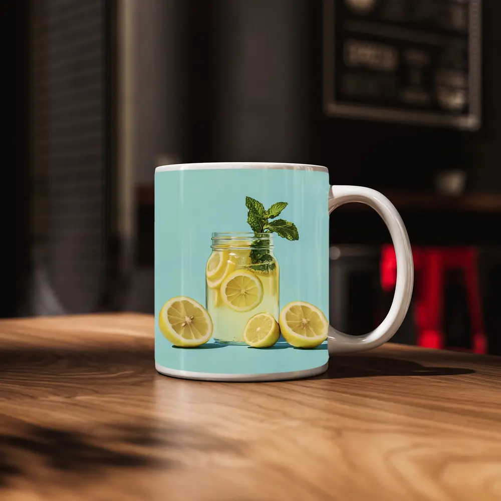 Lemon Mint Mason Jar Drink Blue Background – Mugs