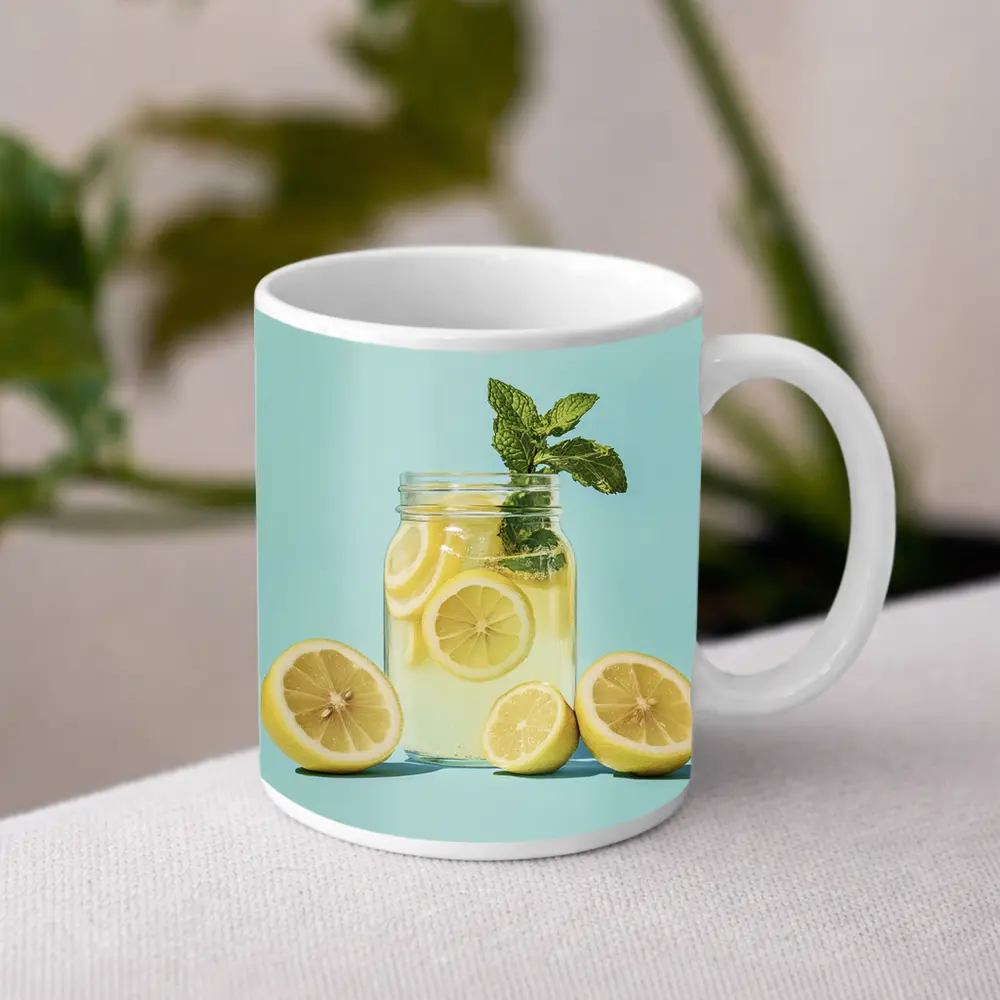 Lemon Mint Mason Jar Drink Blue Background – Mugs