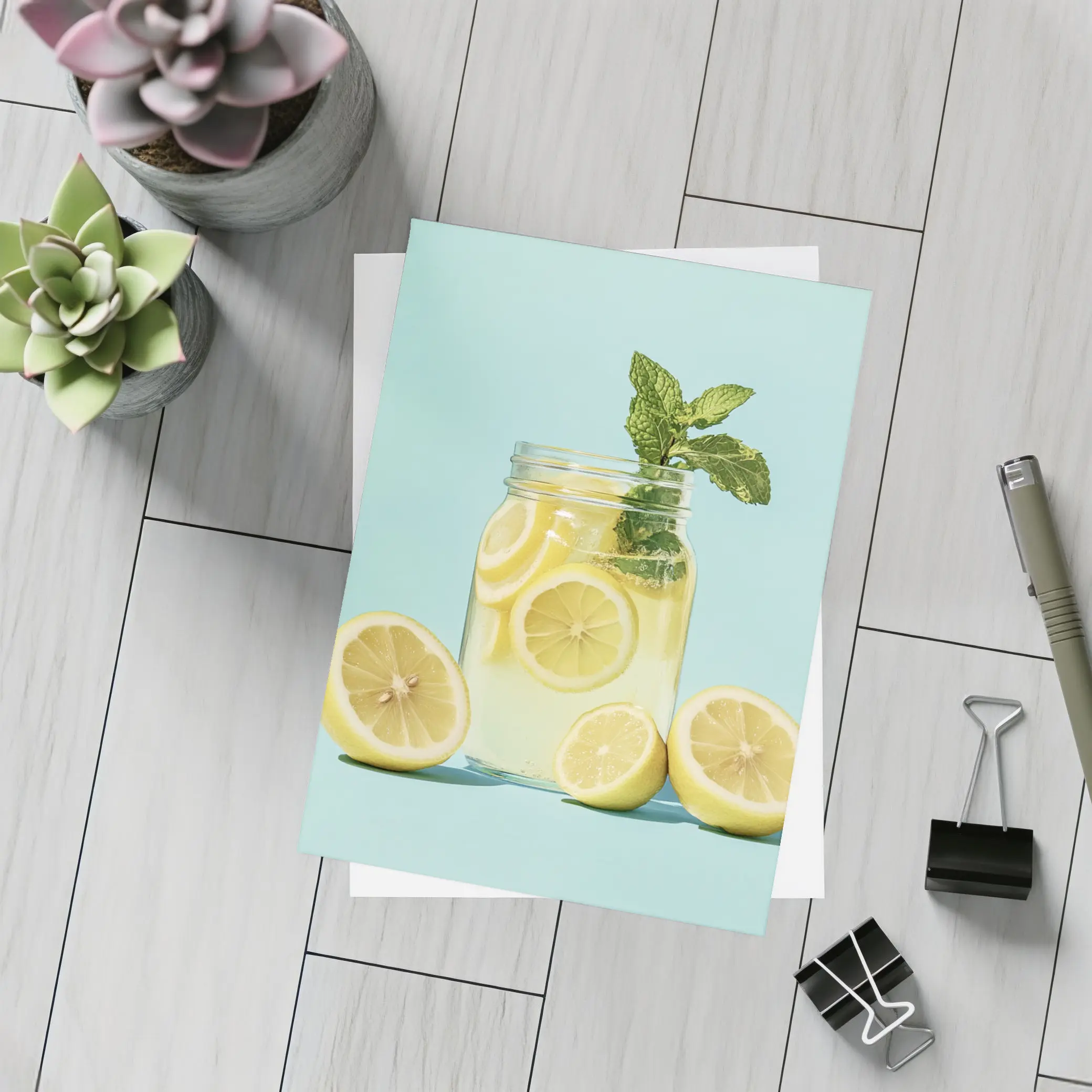 Lemon Mint Mason Jar Drink Blue Background – Postcards