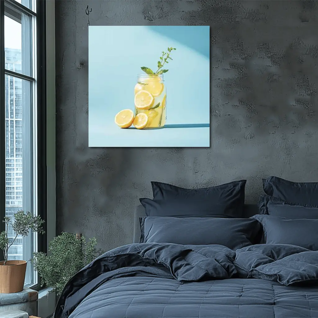 Lemon Mint Mason Jar Blue Background – Wall Art