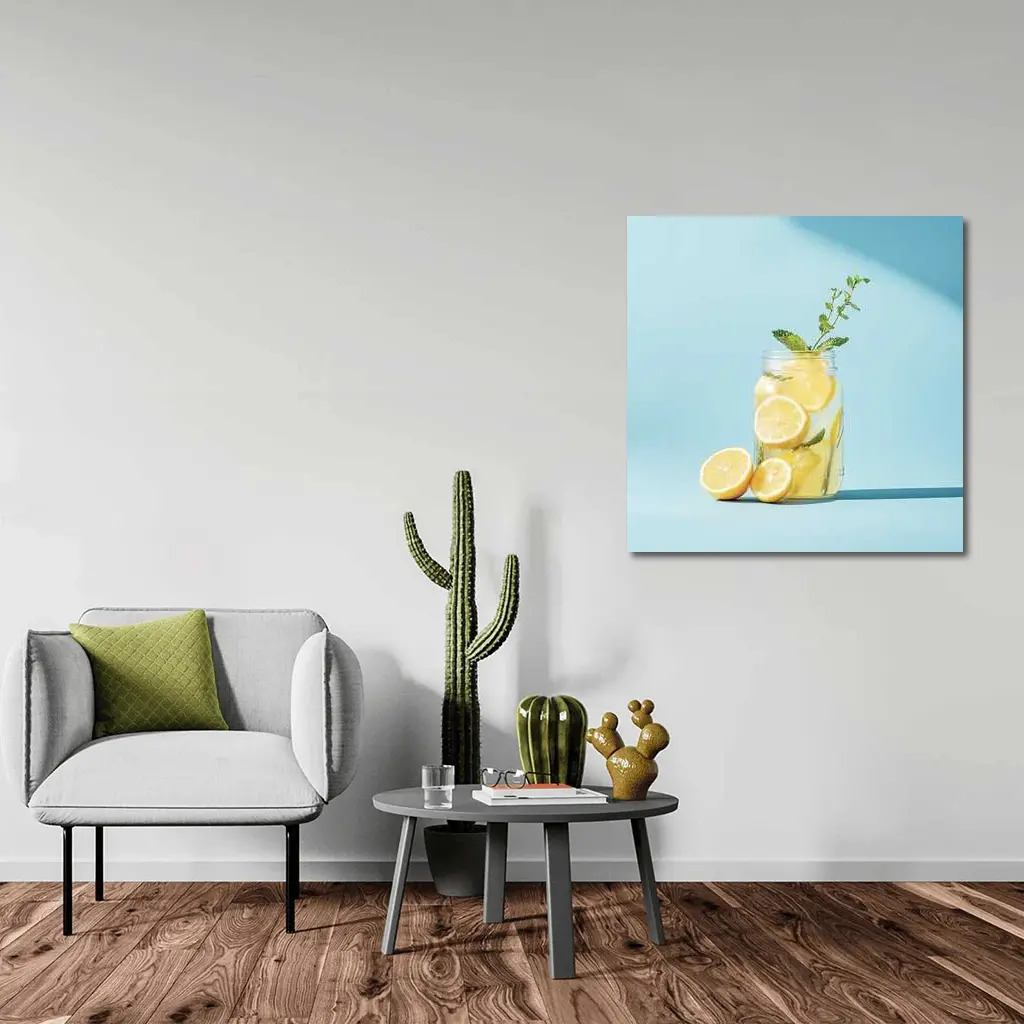 Lemon Mint Mason Jar Blue Background – Wall Art