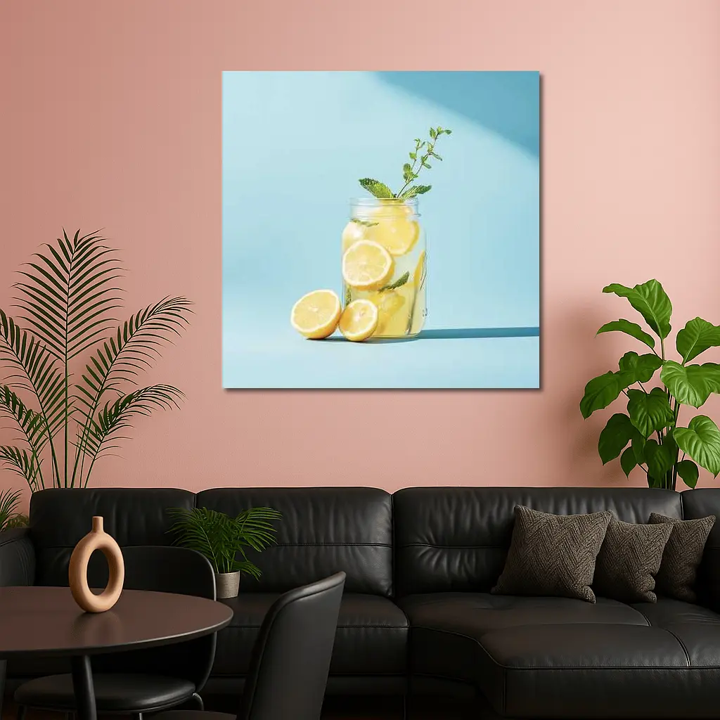 Lemon Mint Mason Jar Blue Background – Wall Art