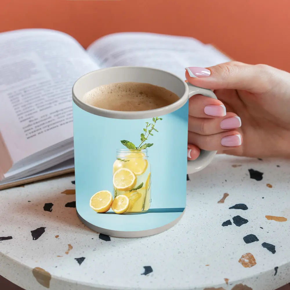Lemon Mint Mason Jar Blue Background – Mugs