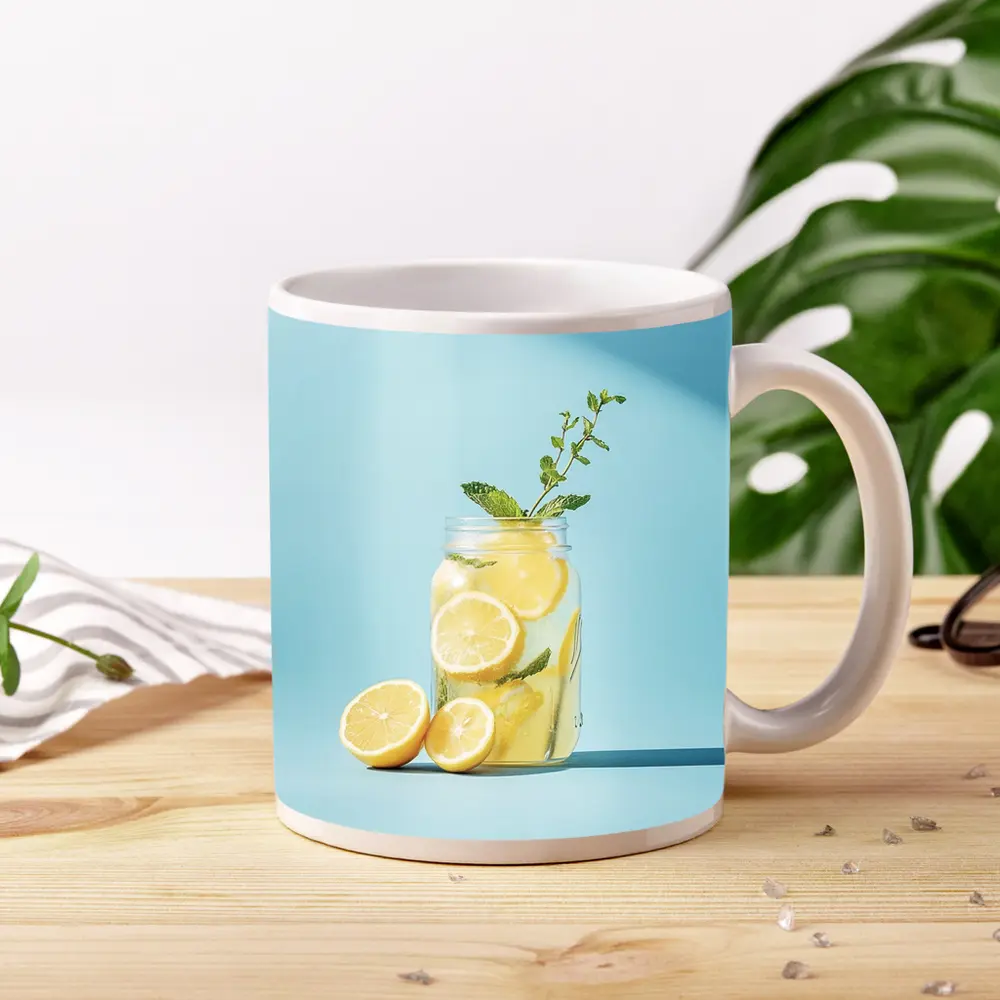 Lemon Mint Mason Jar Blue Background – Mugs