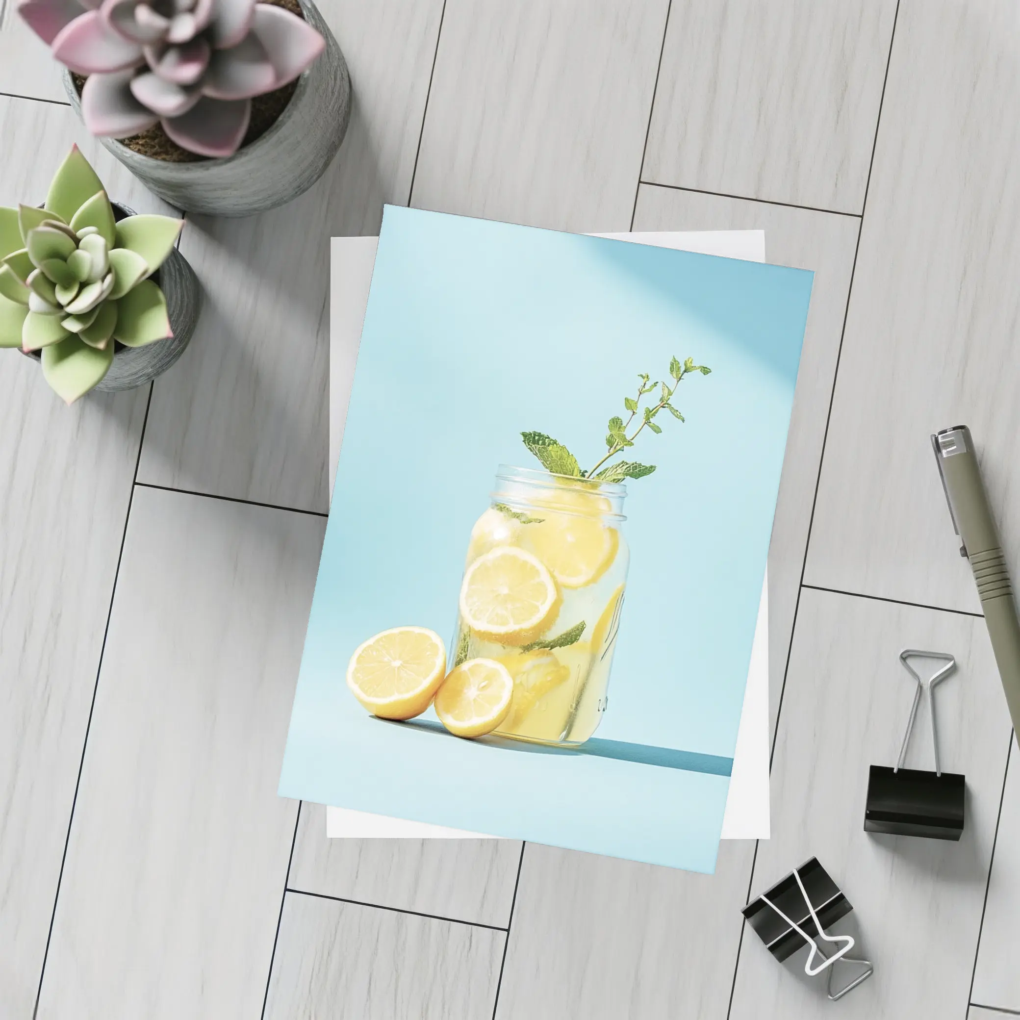 Lemon Mint Mason Jar Blue Background – Postcards