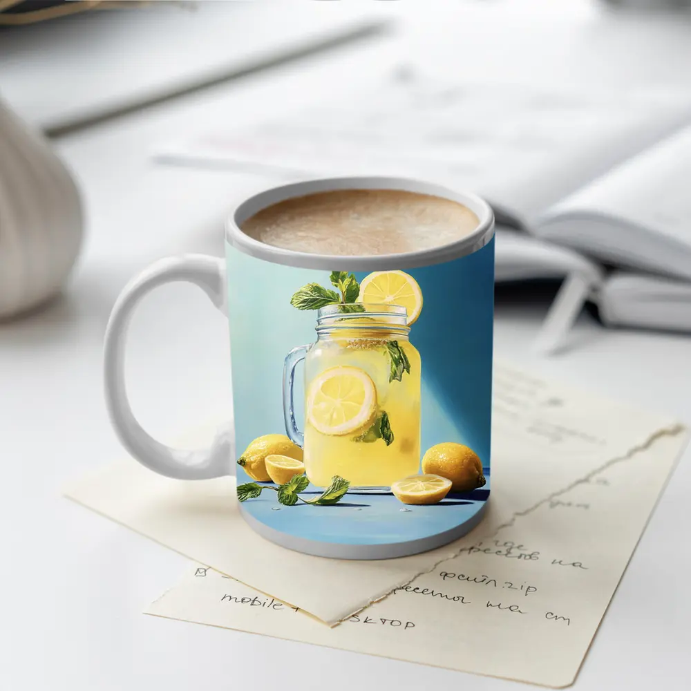 Lemonade Mason Jar Mint Blue Background – Mugs