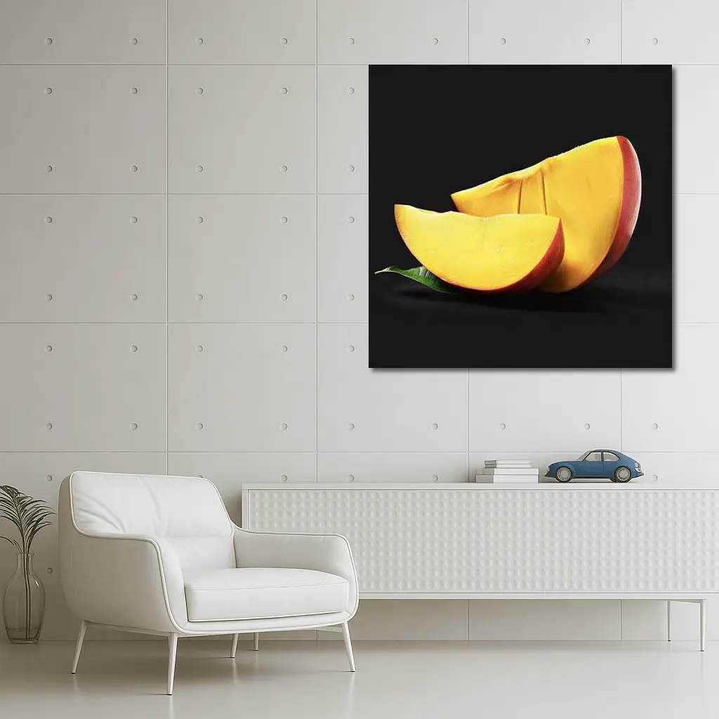 Fresh Mango Slices on Dark Background – Wall Art