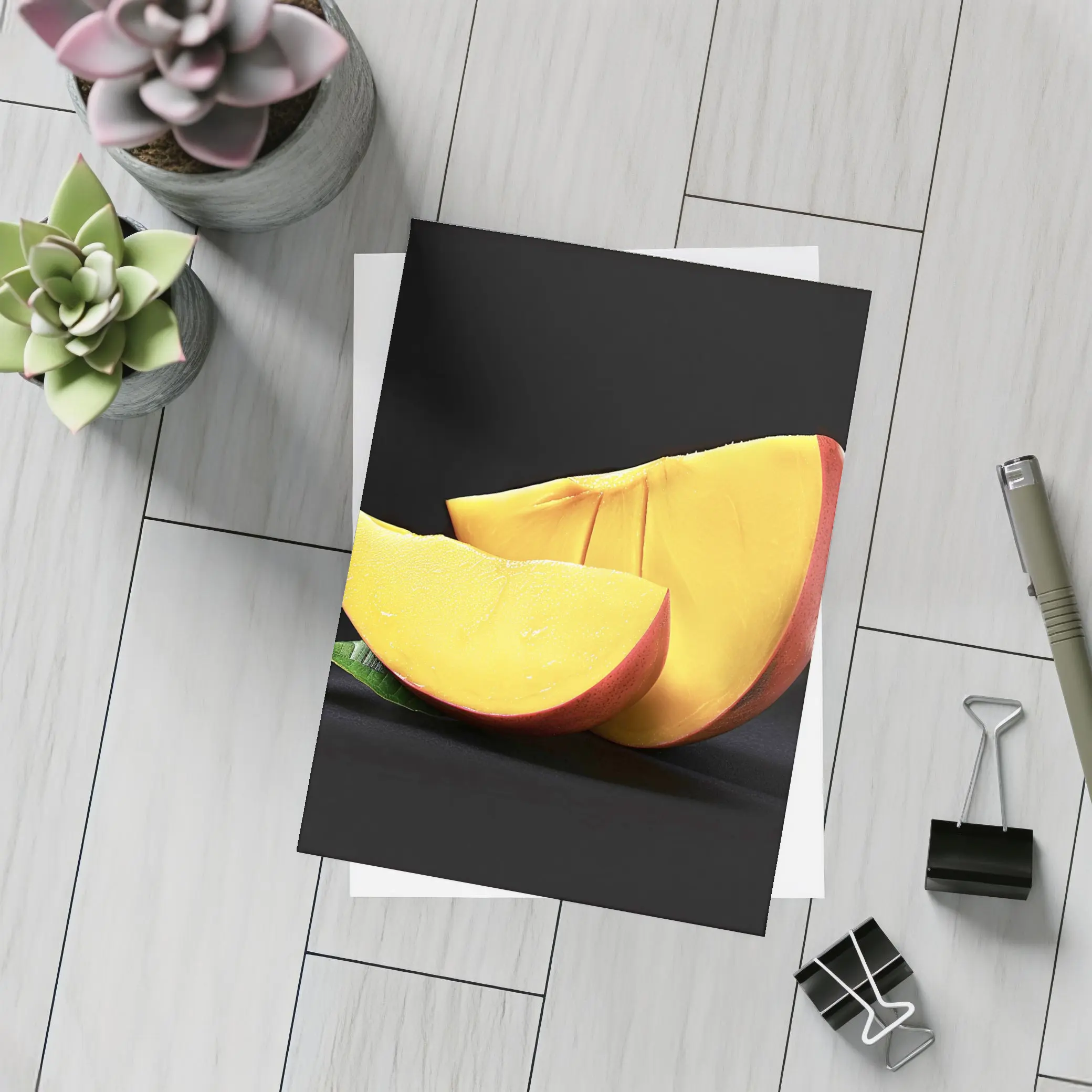 Fresh Mango Slices on Dark Background – Postcards
