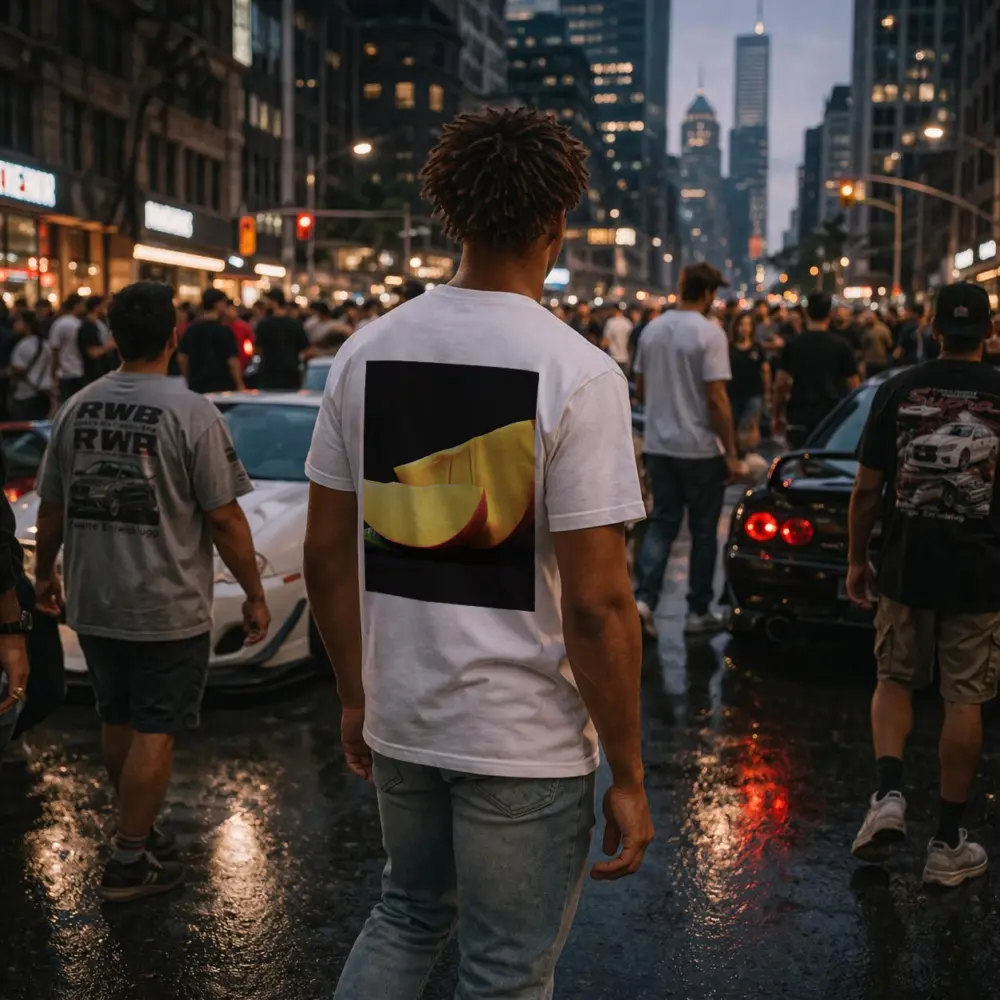 Fresh Mango Slices on Dark Background – T-Shirts