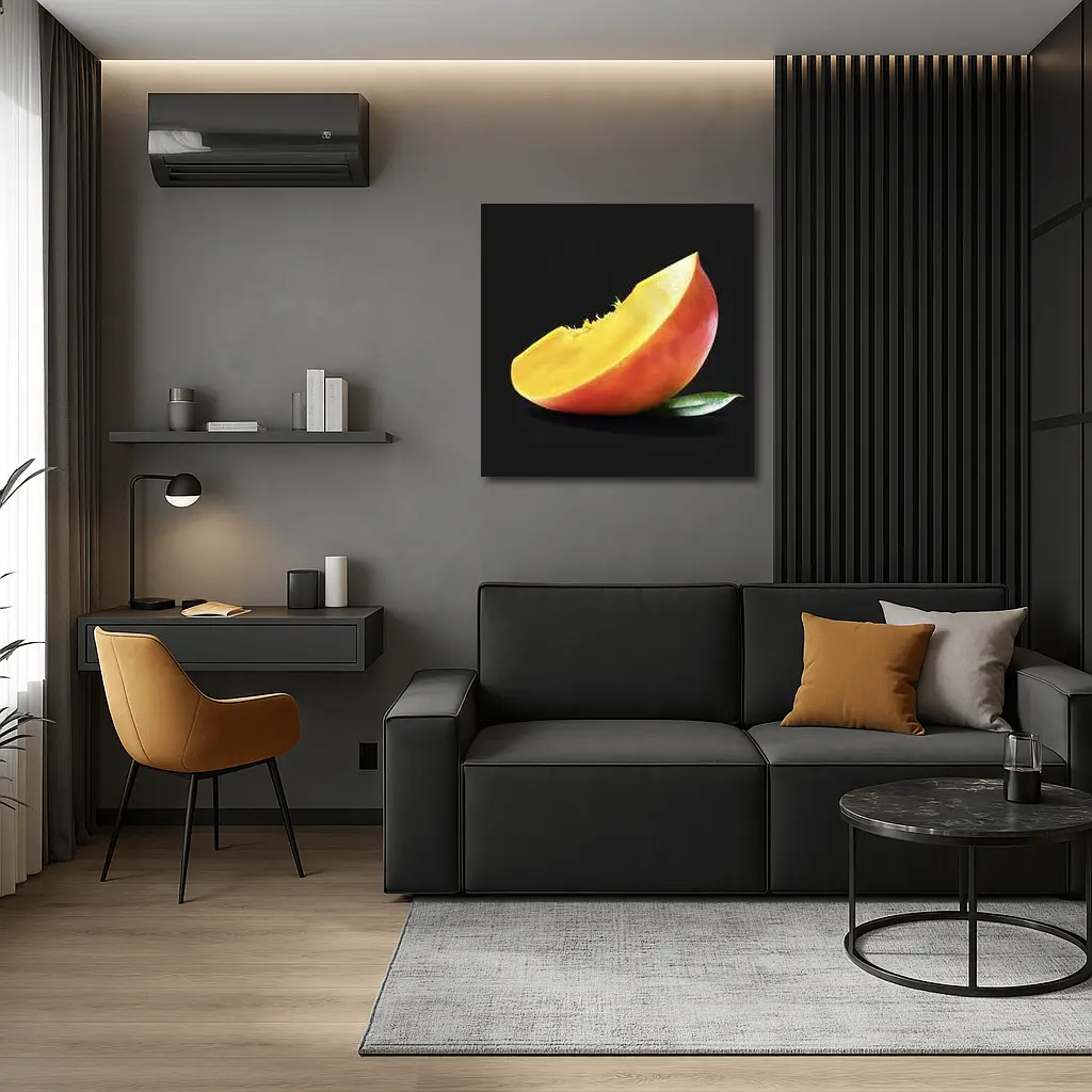 Mango Slice With Leaf Black Background – Wall Art