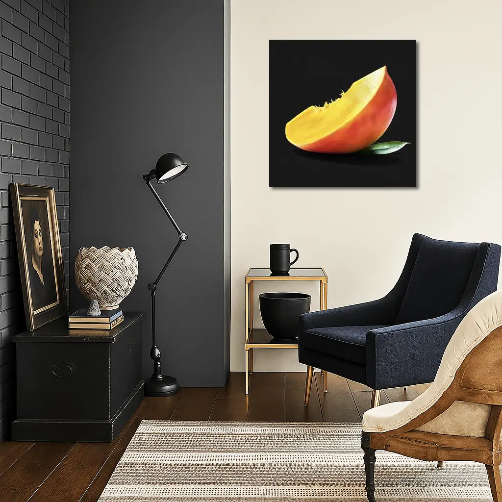 Mango Slice With Leaf Black Background – Wall Art
