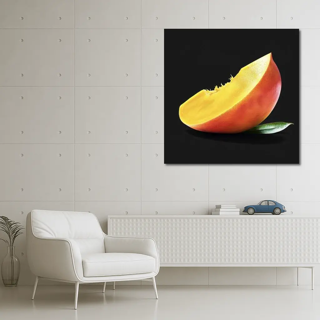 Mango Slice With Leaf Black Background – Wall Art
