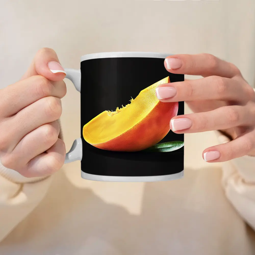 Mango Slice With Leaf Black Background – Mugs