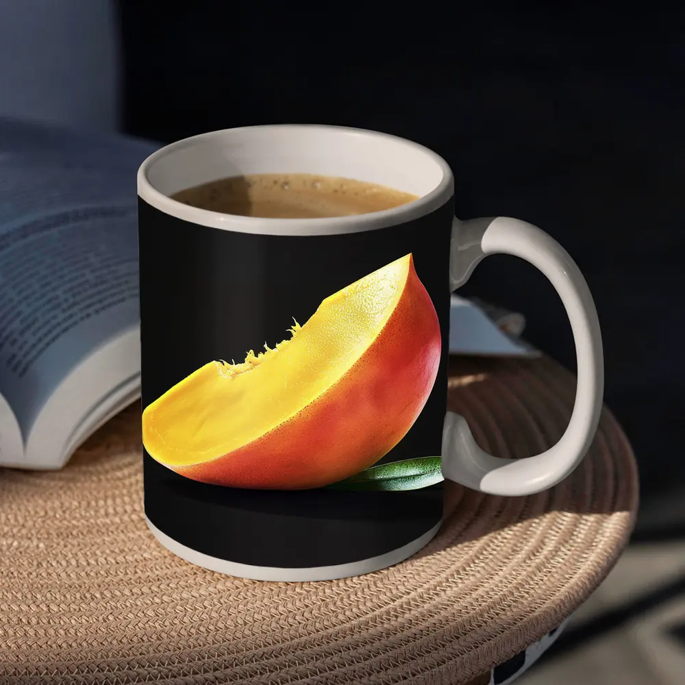 Mango Slice With Leaf Black Background – Mugs