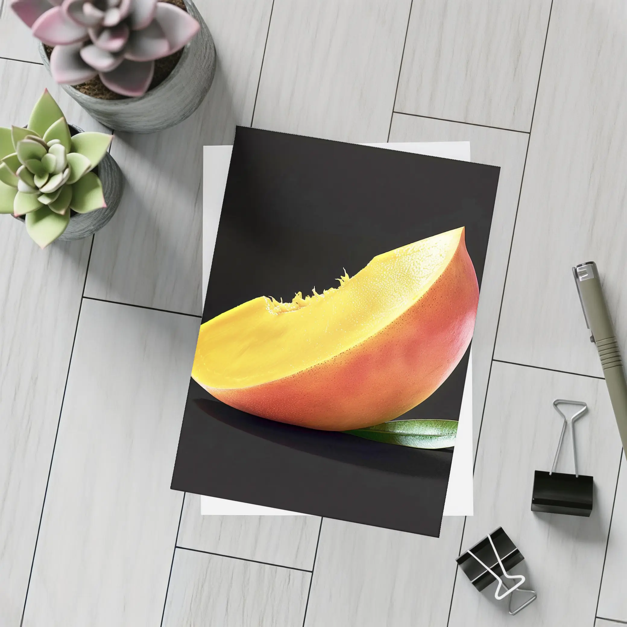 Mango Slice With Leaf Black Background – Postcards
