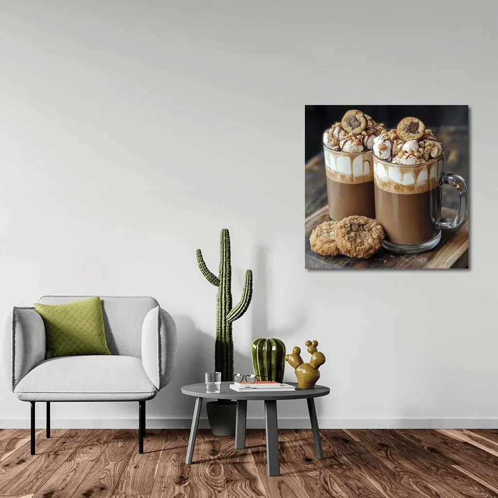Chocolate Coffee Mugs With Cookies Wooden Board – Wall Art