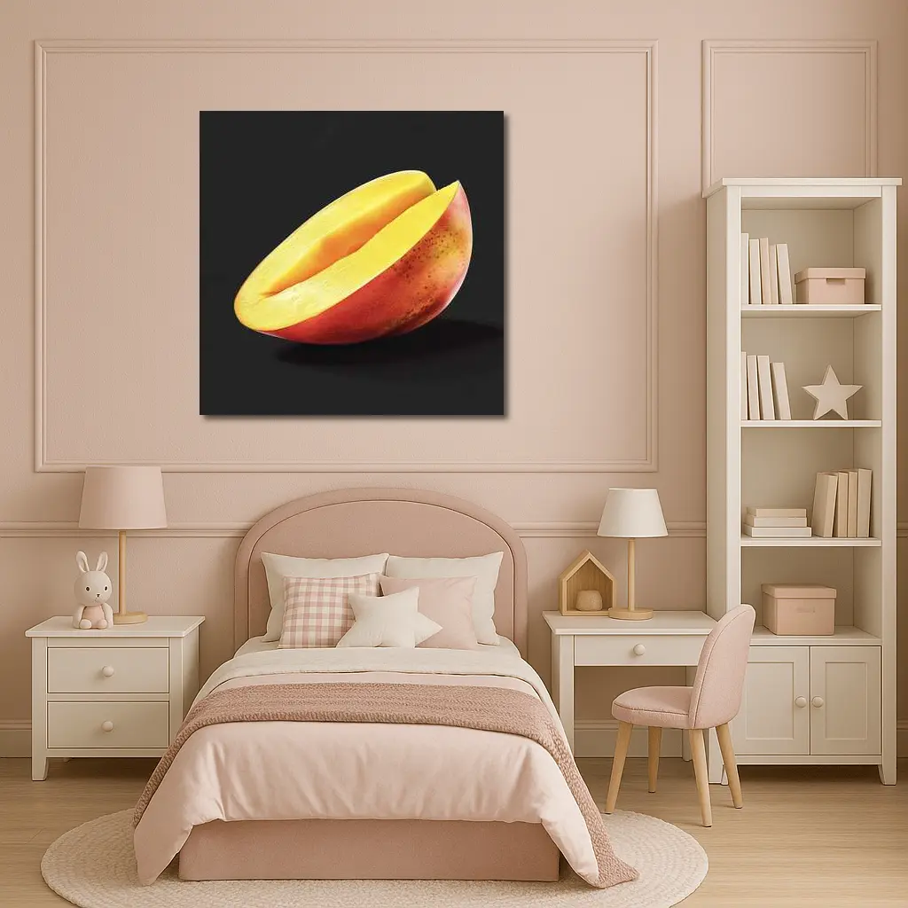 Sliced Mango Half on Dark Background – Wall Art