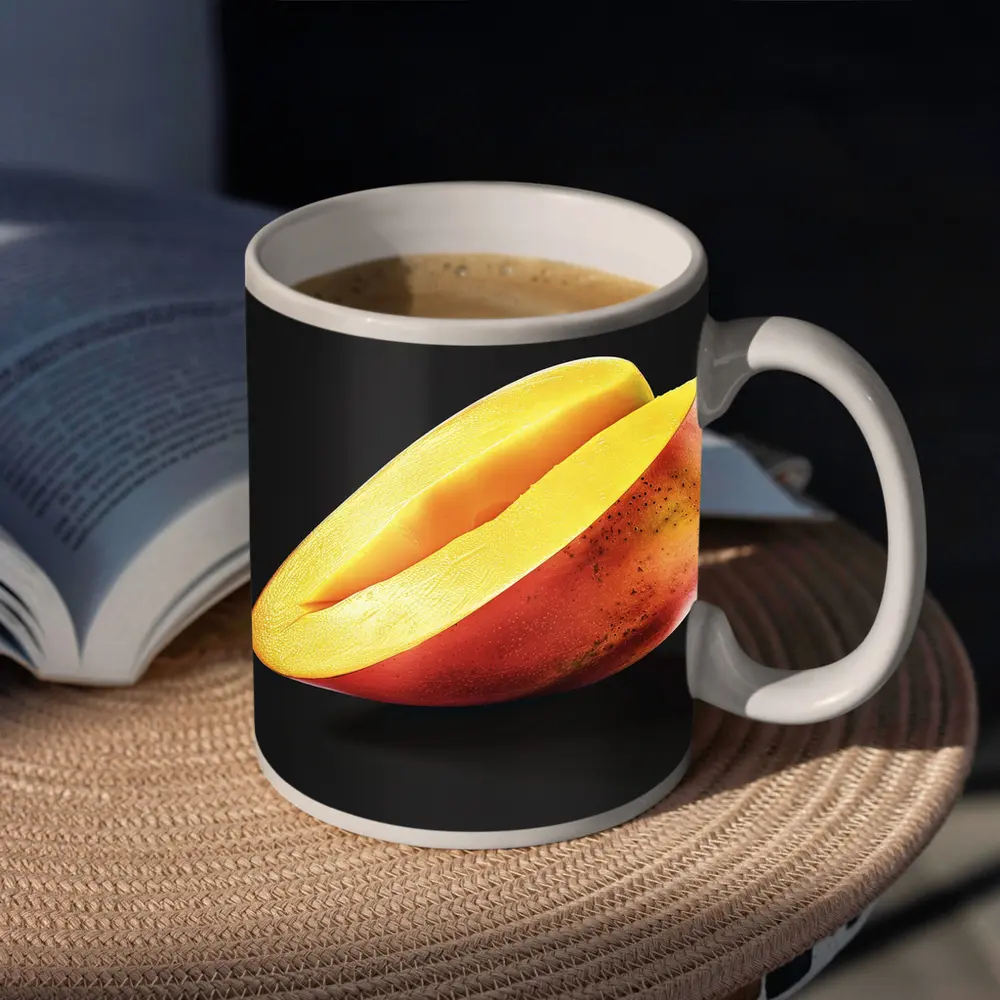 Sliced Mango Half on Dark Background – Mugs