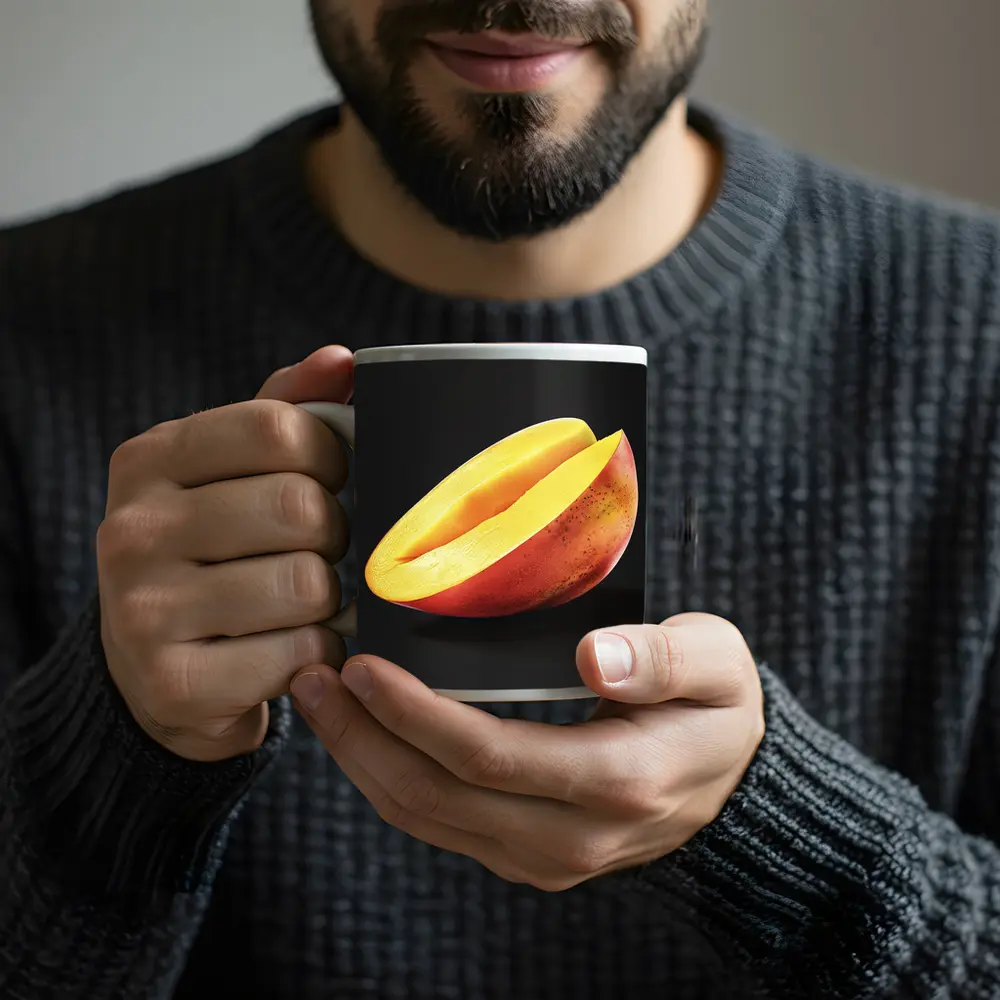 Sliced Mango Half on Dark Background – Mugs