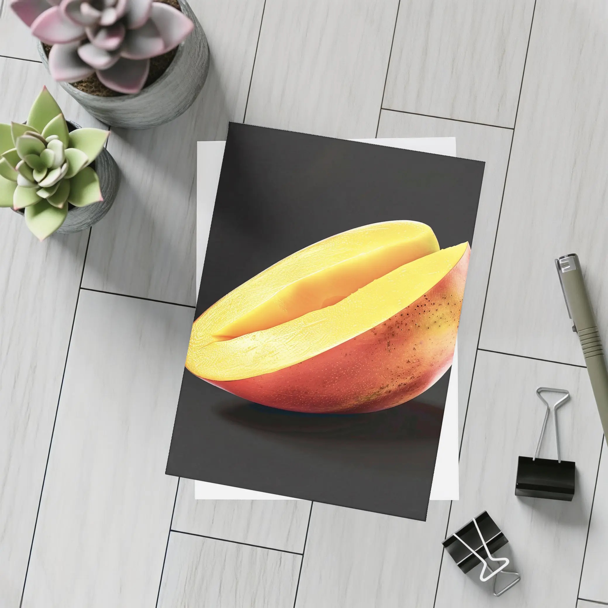 Sliced Mango Half on Dark Background – Postcards